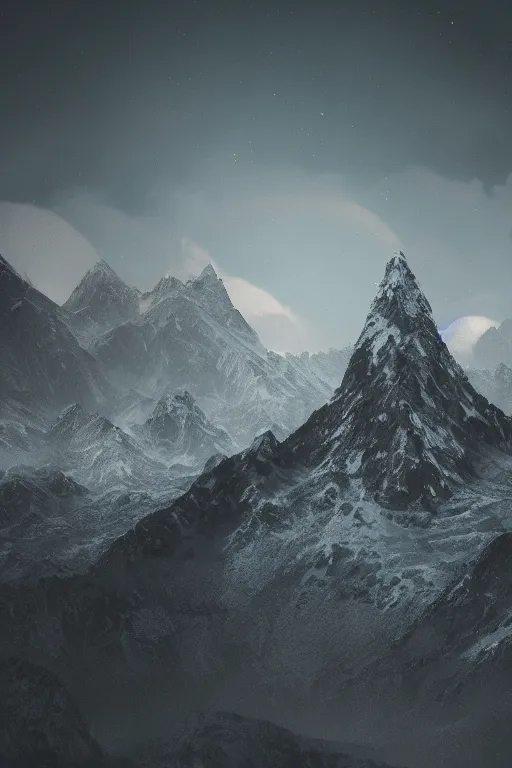 Image similar to digital matte fantasy dreamy mountain scape dark tones, 8 k by tyler hobbs #