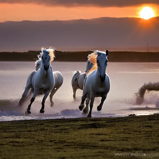 Prompt: seven galloping white horses in the sunset