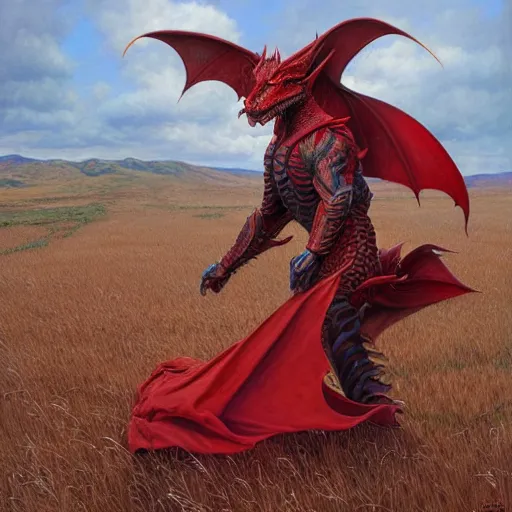 Image similar to The red dragon standing in an open field, art by Donato Giancola and James Gurney, digital art, trending on artstation