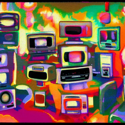 Prompt: array of crt televisions made out of fur, tv static, blob, antenna, stacked, polaroid, steroids, adult video store, impressionist painting, painting, acrylic painting, cell shaded