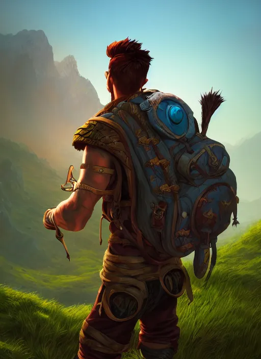 Image similar to an epic fantasy comic book style portrait painting of a male fantasy explorer in the wilds with a backpack and map, unreal 5, daz, hyperrealistic, octane render, cosplay, rpg portrait, dynamic lighting