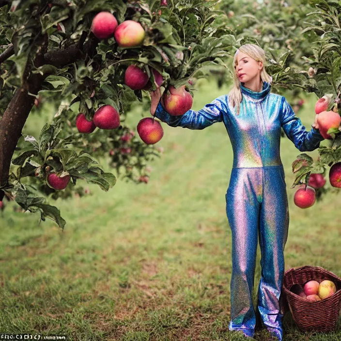 Image similar to a closeup portrait of a woman wearing a muddy iridescent holographic spacesuit, picking apples from a tree in an orchard, foggy, moody, photograph, by vincent desiderio, canon eos c 3 0 0, ƒ 1. 8, 3 5 mm, 8 k, medium - format print