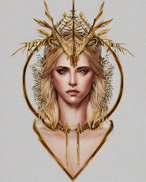 Image similar to tattoo design sketch of cute beautiful blonde super model as aphrodite greek goddess wearing a gold laurel wreath and triangle earrings, beautiful piercing gaze with sharp pupils, in the style of greg rutkowski, fantasy, amazing detail, epic, elegant, smooth, sharp focus, front view