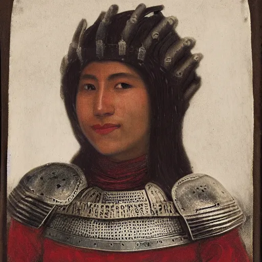 Prompt: head and shoulders portrait of a female knight, quechua!, lorica segmentata, cuirass, tonalist, symbolist, realistic, ambrotype, baroque, gorget, detailed, modeled lighting, vignetting, indigo and venetian red, angular, smiling, condor