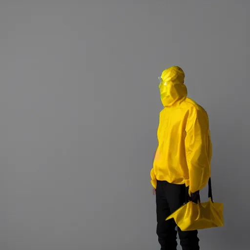 Image similar to photo studio with foggy background. fisherman in yellow balenciaga cloth, plastic bag and black mask. photorealistic high resolution, redshift render, 8 k