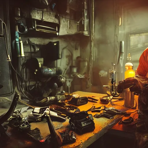 Image similar to half rusted old egg beater half stun - gun, balding older cyborg repairing, red hot soldering iron, dark messy smoke - filled cluttered workshop, dark, dramatic lighting, orange tint, cinematic, highly detailed, sci - fi, futuristic, movie still from blade runner