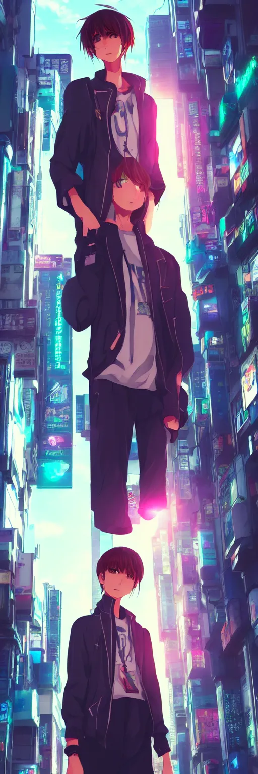 Image similar to a beautiful portrait of a cute anime boy in cyberpunk city. volumetric lighting, subsurface scattering, hyperrealistic, render, hyperdetailed