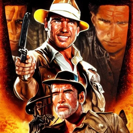 Image similar to indiana jones but played by arnold schwarzenegger with terminator hairdo