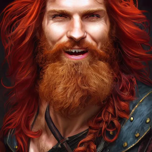 Image similar to portrait of a young ruggedly handsome but joyful pirate, male, masculine, upper body, red hair, long hair, d & d, fantasy, giddy smirk, intricate, elegant, highly detailed, digital painting, artstation, concept art, matte, sharp focus, illustration, crimson hair, art by artgerm and greg rutkowski and alphonse mucha