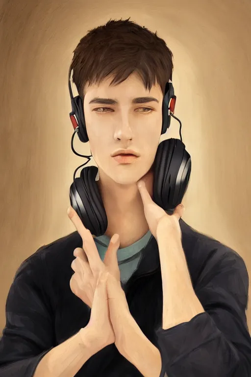 Image similar to a boy with headphones in a cafe, digital art, digital painting, masterpiece, concept art, trending on deviantart, highly detailed, high quality, anatomically correct, five fingers, cinematic, high coherence, soft lighting, soft colors, beautiful, elegant, short black hair, 4 k, symmetrical, realistic and detailed face, cartoon