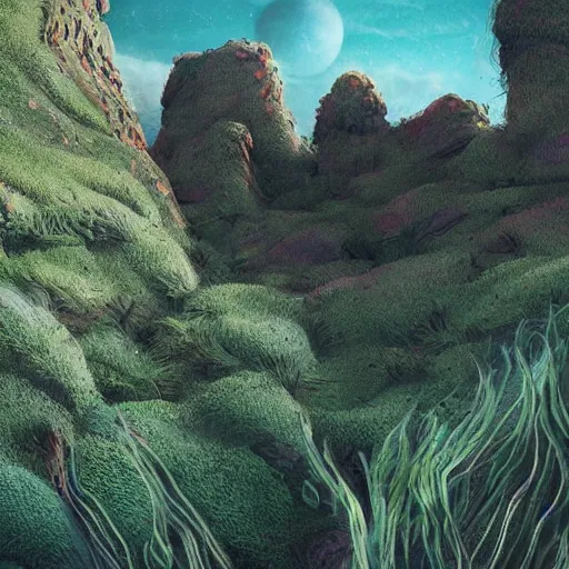 Image similar to artistic digital artwork of a lush natural scene on an alien planet. beautiful landscape by lurid ( 2 0 2 2 ). weird vegetation. cliffs and water. grainy and rough. soft interesting colour palette. straight shapes mixed with organic details. beautiful light. high quality render.