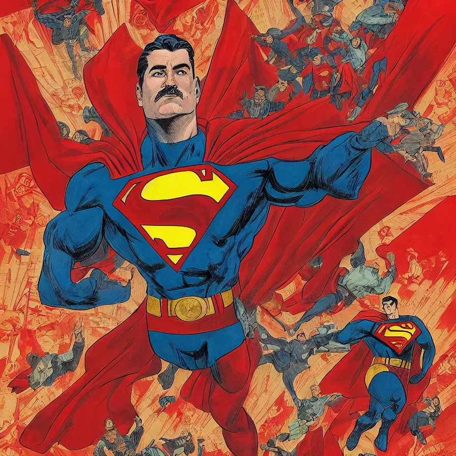 Image similar to epic comic book cover of stalin as superman floating over the red square ( moscow ), posing, waving, ostalgie, socialist realism, soviet nostalgia, sovietwave, photorealistic, intricate digital art, trending artstation, artgem, rich moody colors, fan art, concept art, in the style of the red son, by cory walker and ryan ottley