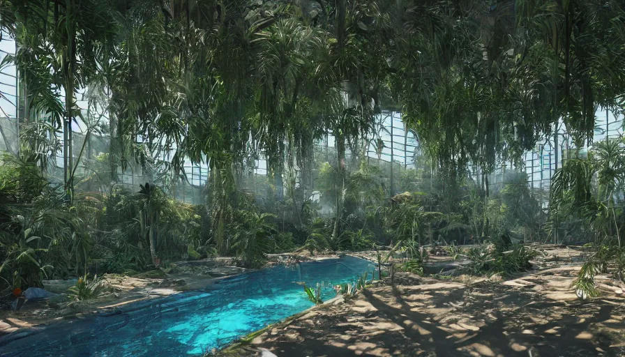 Image similar to Abandoned dusty indoor empty pool covered by vegetation during heat wave , hyperdetailed, artstation, cgsociety, 8k