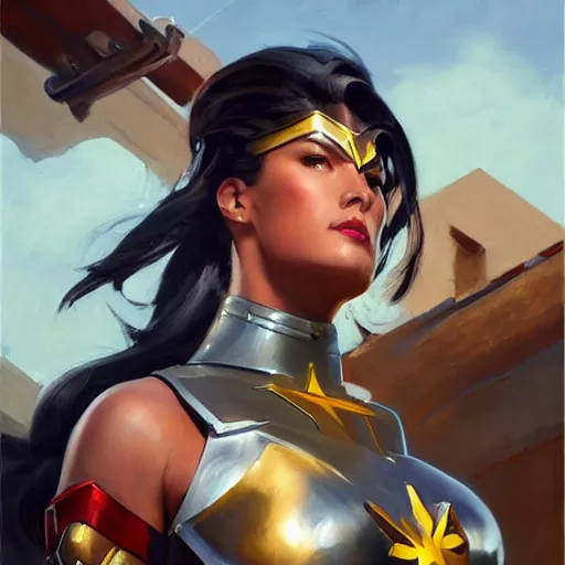 Prompt: greg manchess portrait painting of armored light wonderwoman as overwatch character, medium shot, asymmetrical, profile picture, organic painting, sunny day, matte painting, bold shapes, hard edges, street art, trending on artstation, by huang guangjian and gil elvgren and sachin teng