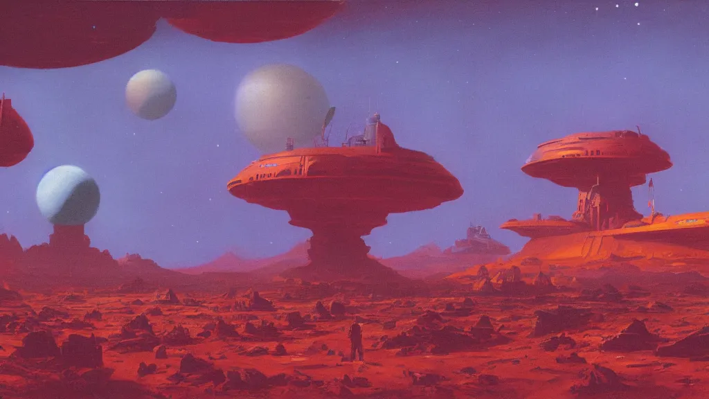 Image similar to mars colony by paul lehr and john schoenherr, cinematic matte painting