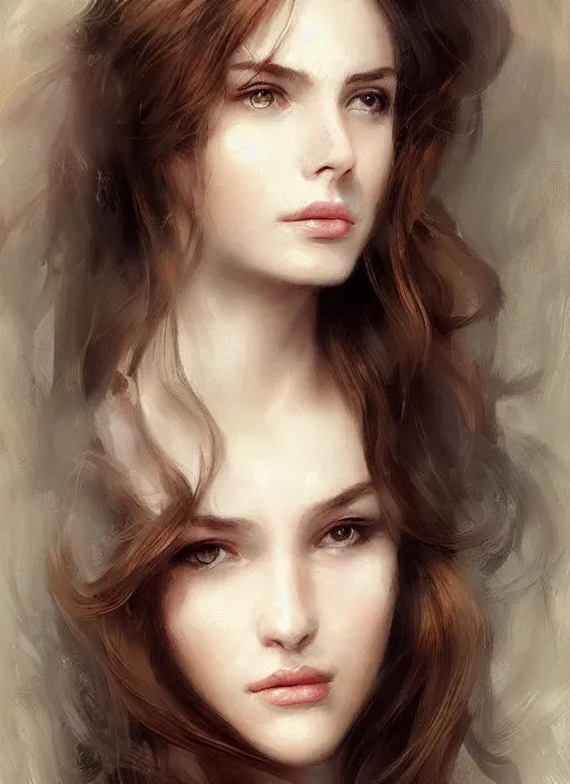 Prompt: portrait of a majestic 2 5 year old woman with wavey brown hair, royal, attractive glance, by wlop and william turner, trending on artstation