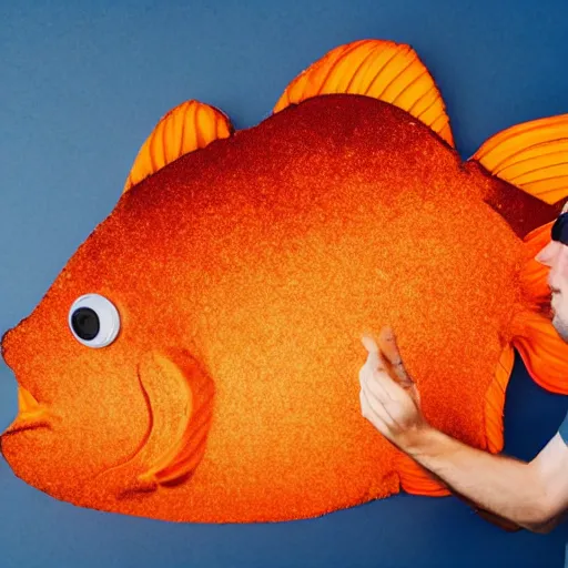 Prompt: gigantic goldfish cracker next to a man that is three times smaller than the cracker, 8 k, 4 k, professional photography, award winning photograph