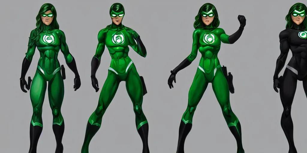 Image similar to full body exaggerated outfit, female green lantern character clean concepts by senior concept artist in the anime film, suit, powers, glowing, stronge, smooth, high detail, featured on artstation