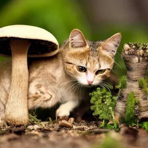 Image similar to a small domestic housecat with a mushroom growing atop its head