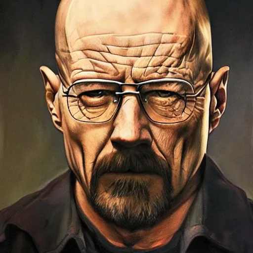 Image similar to An ultra realistic portrait painting of walter white in the style of Frank Frazetta, 4k, Ultra realistic, Highly Detailed, Dark Fantasy, Epic Lighting