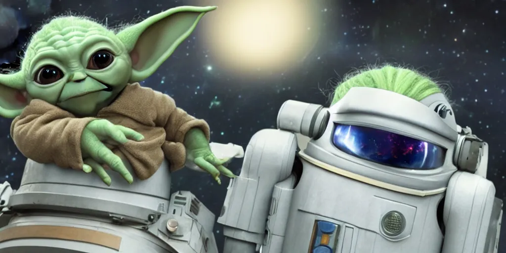Image similar to a 3 d rendered movie still of baby yoda wearing a spacesuit, and exploring cosmos in a super awesome space ship. science fiction blockbuster movie, dramatic lighting, imax 7 0 mm. buzz lightyear