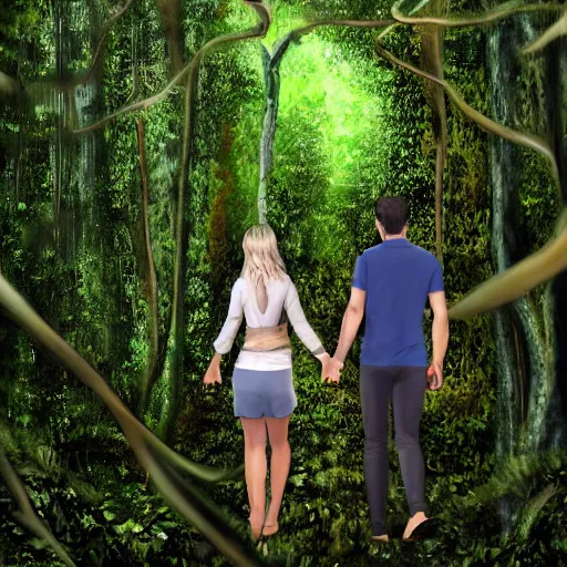 Image similar to a detailed photorealistic picture of two lovers holding hands walking through the forest overgrown canopy jungle lush foliage waterfall in background, 8k