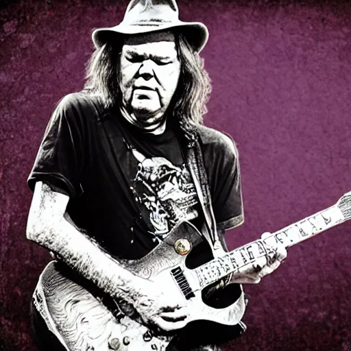 Prompt: neil young shredding during a live performance, happy, smile, digital art, highly detailed, trending on art station