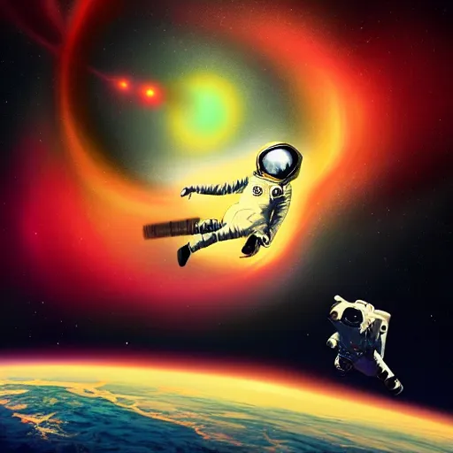 Prompt: astronaut falling into a psychedelic black hole, digital painting, trending on artstation, DeviantArt, 8k resolution, cosmic, trippy