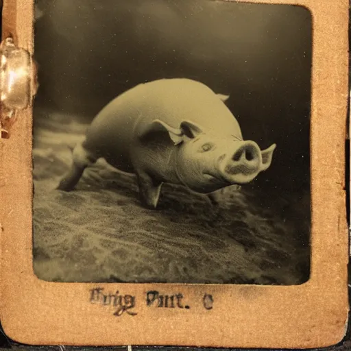 Image similar to tintype photo, swimming deep underwater, alien pig