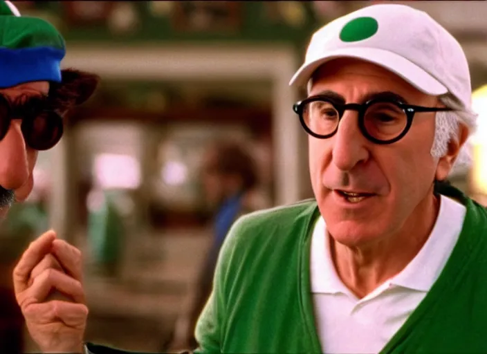 Prompt: film still of larry david wearing his glasses as luigi wearing his hat in super mario bros movie 1 9 9 3, 4 k