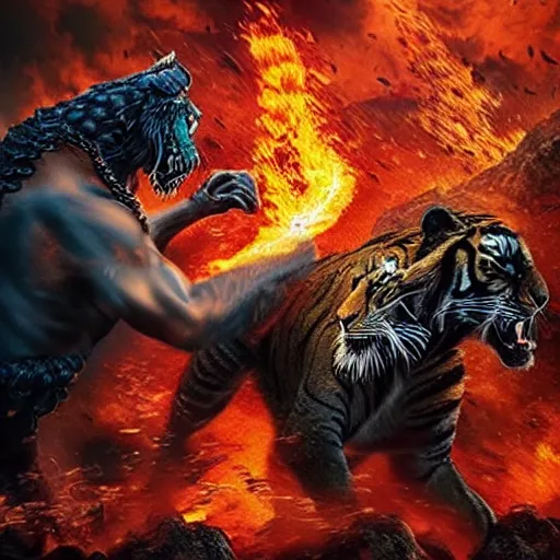 Image similar to “an 8k uhd photorealistic picture of Bahubali fighting a demon tiger at the gates of hell”