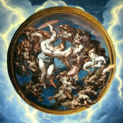 Image similar to Beautiful realistic painting of a cloudy sky with angels, electric storm, monotonous, volumetric light, ultradetailed, surrealism by Michelangelo