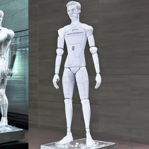 Image similar to a realistic detailed photo of a guy who is an attractive humanoid who is half robot and half humanoid, who is a male android, soccer player timo werner, shiny skin, posing like a statue, blank stare, by the pool, on display, showing off his muscles, humanoid robot, frozen ice statue, made of ice