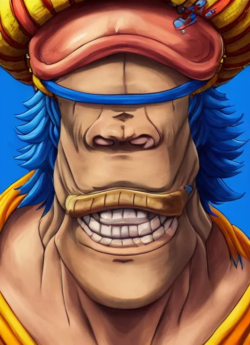 Image similar to a portrait of Franky from one piece as a real man, wearing a traditional sumo dress, very muscular, blue hair, handsome chad chin, glowing red laser eye, intricate, highly detailed, digital painting, artstation, concept art, smooth, sharp focus, illustration, art by Gustave Baumann, matte painting