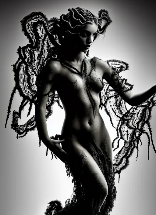 Prompt: surreal mythical dreamy dark artistic black and white fine art photo of a beautiful young female angel - medusa - mermaid - cyborg covered with translucent algae, highly detailed, lace web, rim light, cinematic, studio dramatic light, poetic, octane render, 8 k, photo - realistic, by horst p. horst