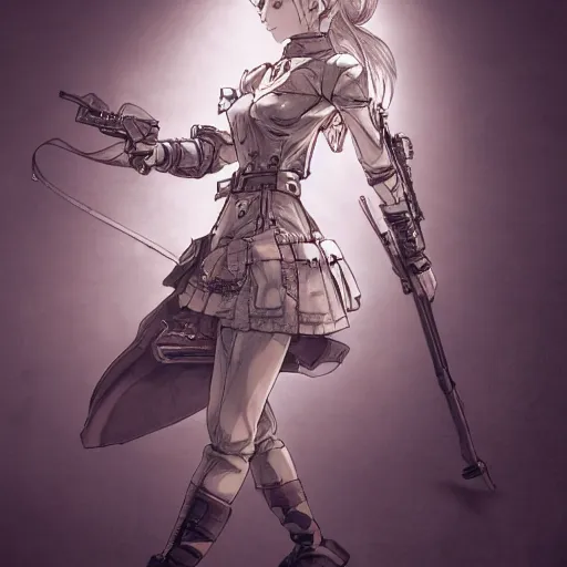 Image similar to illustration of military girl that resembles an absurdly beautiful, graceful, elegant, sophisticated anime girl, an ultrafine hyperdetailed illustration by kim jung gi, irakli nadar, intricate linework, bright colors, octopath traveler, final fantasy, unreal engine 5 highly rendered, global illumination, radiant light, detailed and intricate environment