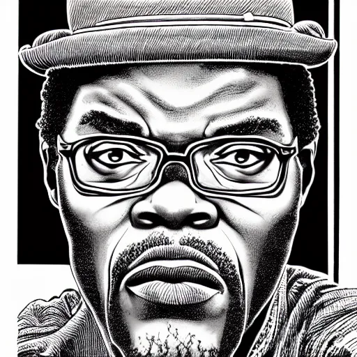 Image similar to a portrait of Samuel L Jackson drawn by Robert Crumb