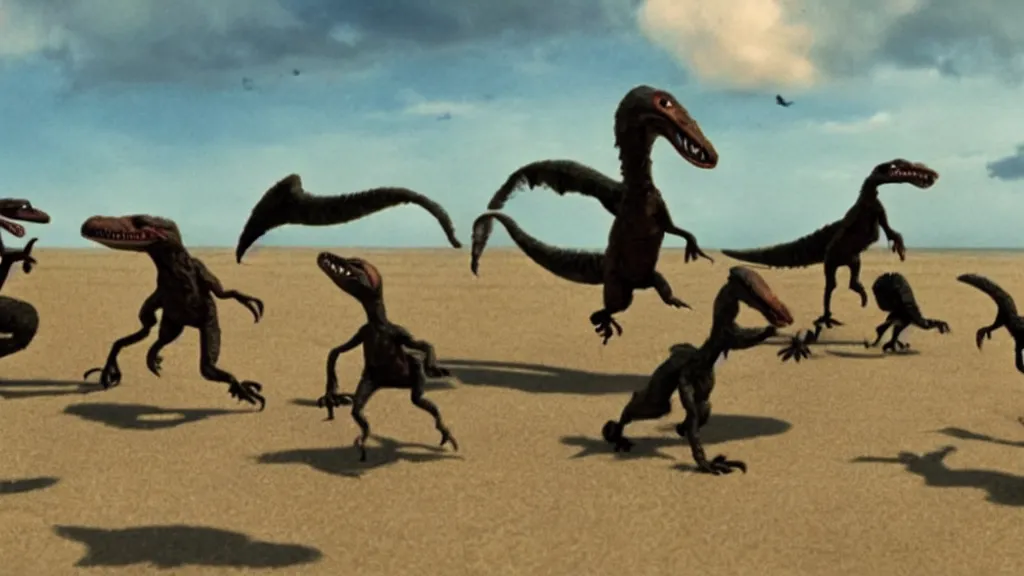 Prompt: A movie screenshot of Velociraptors storming the beach at Normandy, directed by Henry Selick and Tim Burton, claymation.