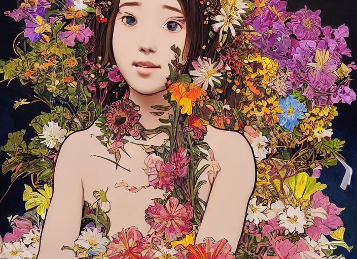 Prompt: !!! very coherent!!! oil painting, beautiful floralpunk iban bio mechanical portrait girl female illustration detailed patterns art of sarawak traditional dress, flower pop art, floral splash painting, art by ashley wood, alphonse mucha, makoto shinkai, geof darrow, dark shadow