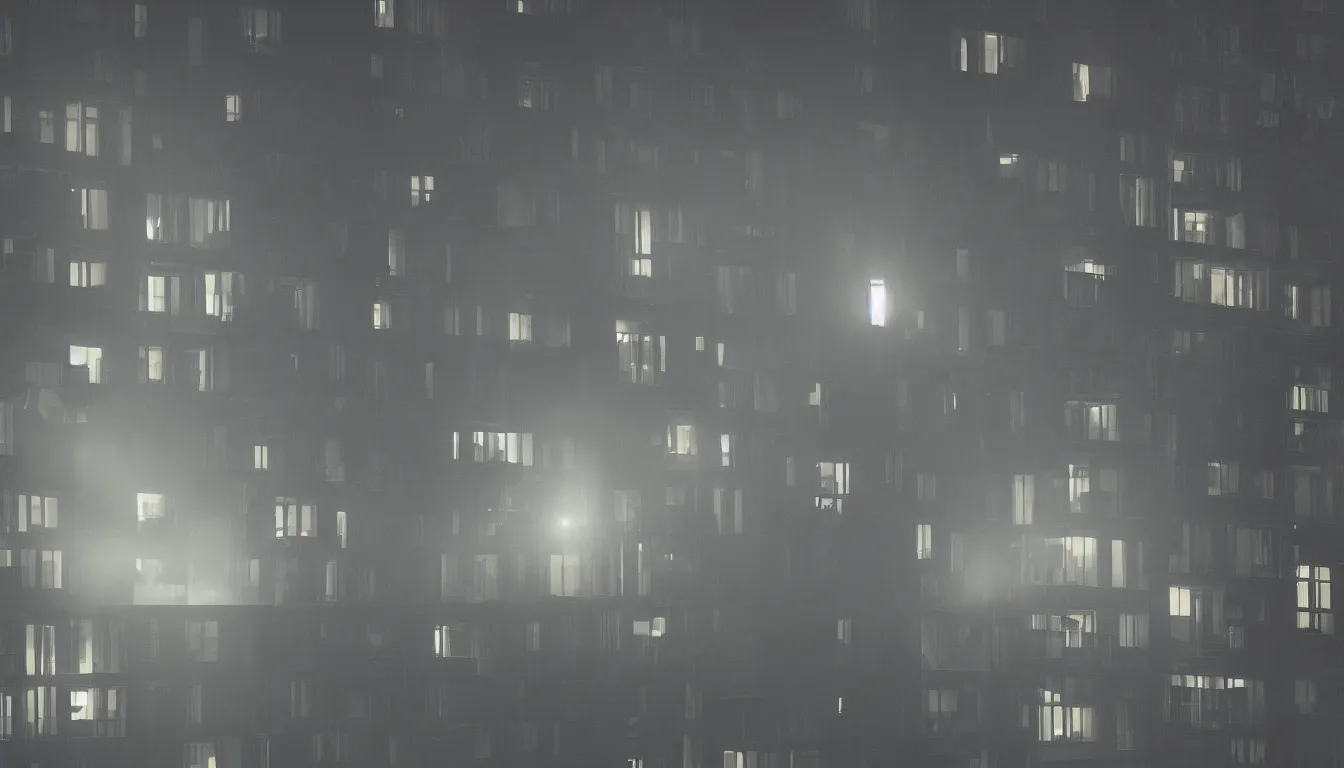 Prompt: Spying into the windows of a small tower block from outside , observing the private lives of the human inhabitants, volumetric lighting shines through the misty nighttime sky , full colour