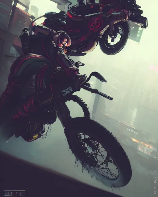 Image similar to koyto animation girl wearing cyberpunk intricate streetwear riding dirt bike, respirator, detailed portrait, cell shaded, 4 k, concept art, by wlop, ilya kuvshinov, artgerm, krenz cushart, greg rutkowski, pixiv. cinematic dramatic atmosphere, sharp focus, volumetric lighting, cinematic lighting, studio quality