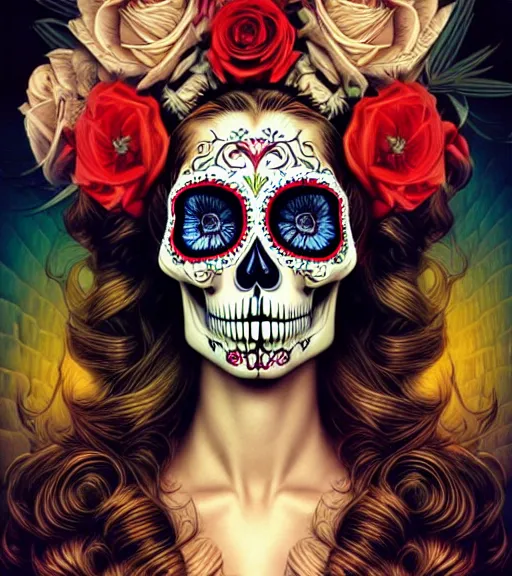 Prompt: a gorgeous fancy skull lady by dan mumford and gil elvgren, sugar skull, hyperrealism, intricate details, exceptional beauty, fool, vector art, attractive, striking, lovely