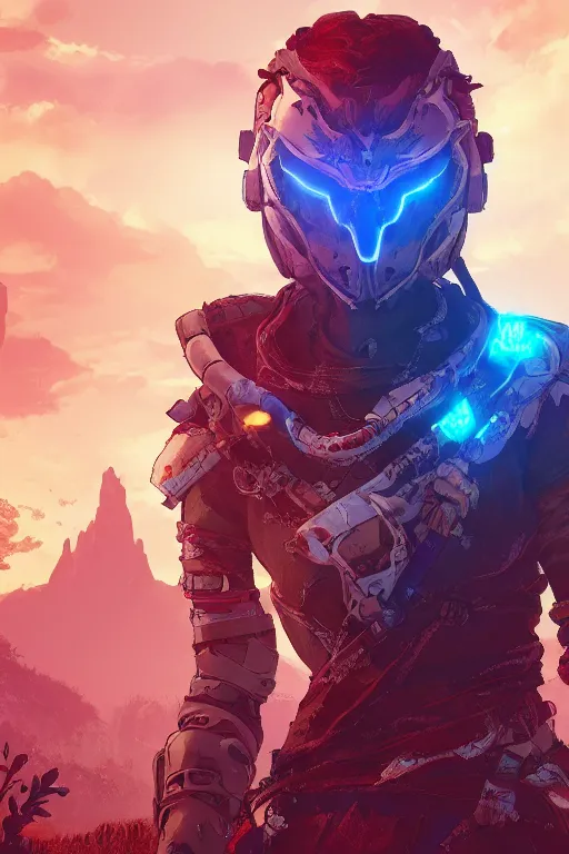 Image similar to combination suit armor aloy horizon forbidden west horizon zero dawn radiating a glowing aura global illumination ray tracing hdr fanart arstation by ian pesty and alena aenami artworks in 4 k tribal robot ninja mask helmet backpack