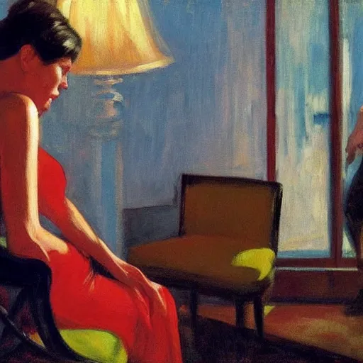 Image similar to hollywood babylon, on the qt, scandal sheet, painting by edward hopper and eric fischl