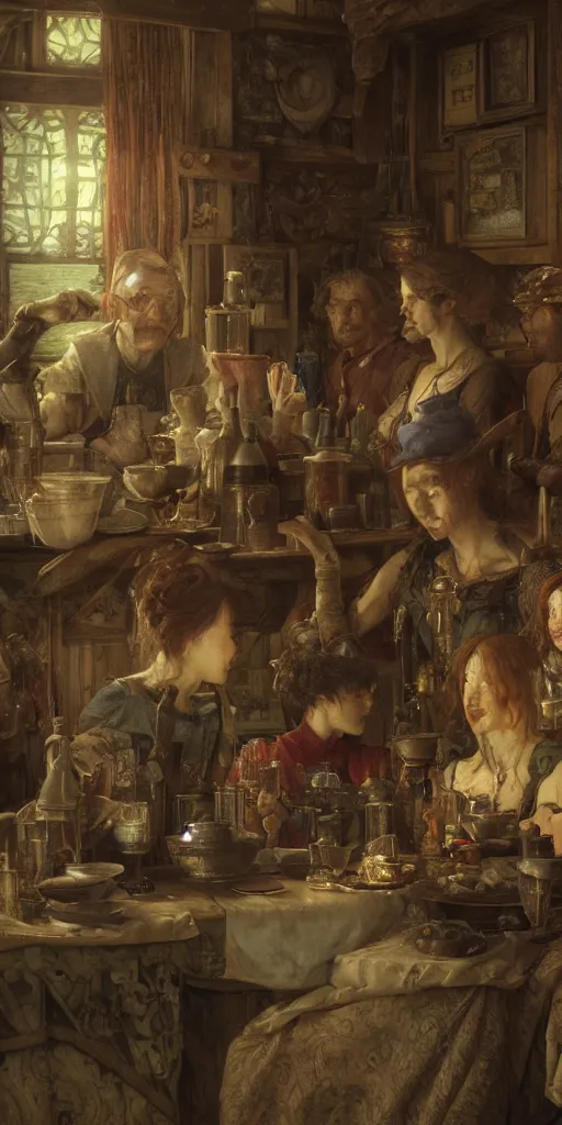 Image similar to tavern, masterpiece by Edgar Maxence and Ross Tran and Michael Whelan, gustav dore, 8k, octane render