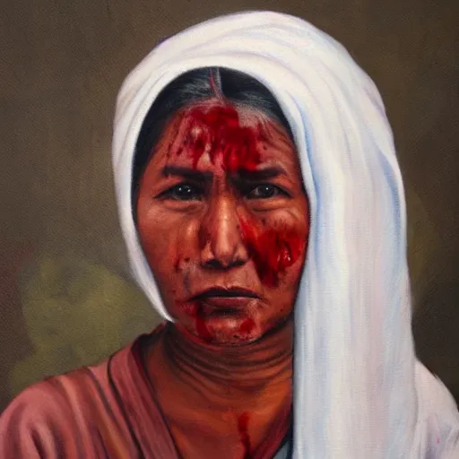 Image similar to a nepali woman wearing a white shawl, sad, bloody, oil painting