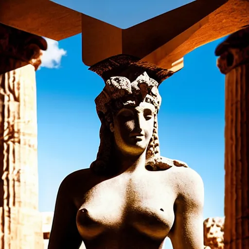 Image similar to greek ancient woman in Athena's helmet standing on a giant greek ancient bearded man head, late afternoon light, greek temple of olympus glory island, wispy clouds in a blue sky, by frank lloyd wright and greg rutkowski and ruan jia