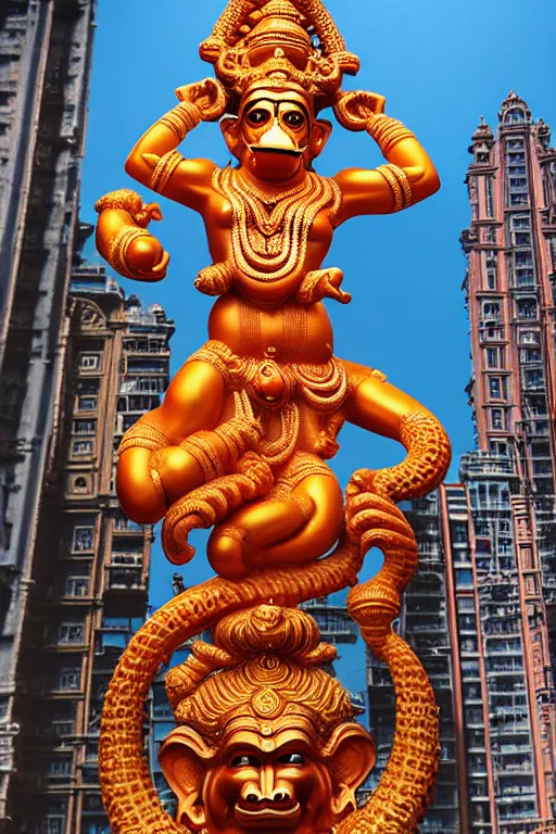 Prompt: high quality 3 d baroque biomorphic hanuman! buildings in mumbai!!, highly detailed, cinematic smooth, berenice abbott & john j. park, dramatic morning light, wide shot, high angle, uhd 8 k, sharp focus