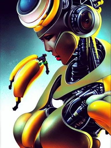 Prompt: a robot made of bananas attacks wall street : : illustrated by artgerm, karol bak, yoji shinkawa : : photorealism, graphic novel, digital illustration, digital art