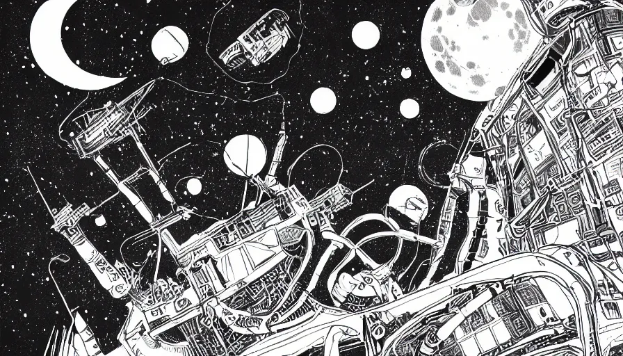 Image similar to travel to the moon in a dream, style of graphic novel, style of shuzo oshimi, black outline, on white, smooth, thin sharp lines, detailed